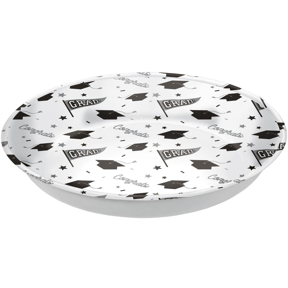 "Congrats Grad" Round Plastic Reusable Serving Bowl, White, 14-in, for Graduation