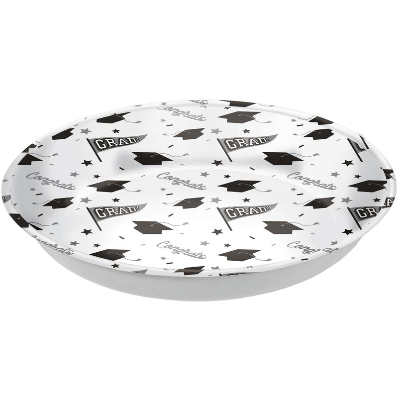 "Congrats Grad" Round Plastic Reusable Serving Bowl, White, 14-in, for Graduation K1438