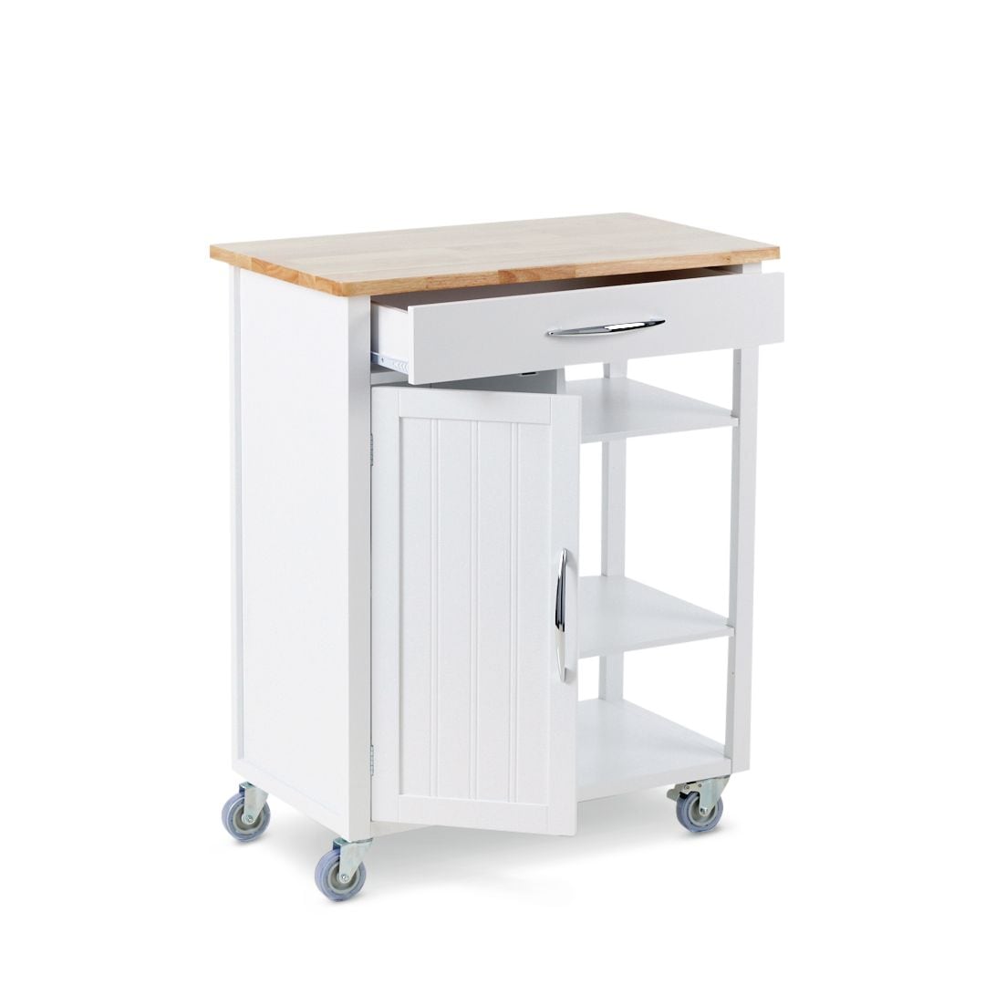 Wood Top Kitchen Utility Storage Cart/Island With Locking Wheels, White