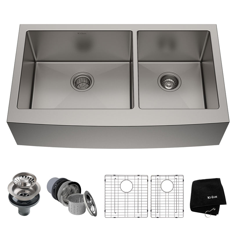Standard PRO Apron Front Farmhouse Stainless Steel Double Bowl Kitchen Sink, 36x21x10-in T7876