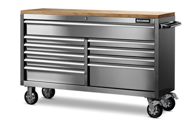 Butcher Block Top Rolling Tool Storage Cabinet with 10 Drawers, Stainless Steel, 56-in A3241