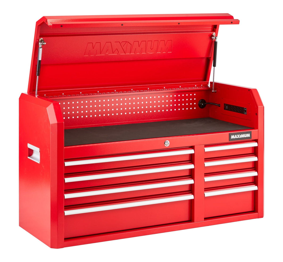 Tool Storage Chest, 8-Drawer, Built-In Power Bar with USB, 47-in, Red