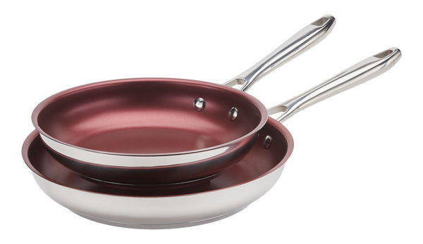 Canadian Signature Stainless Steel Non-Stick Frying Pan, Dishwasher & Oven Safe, Burgundy, 24cm & 28cm, 2-pk S4294