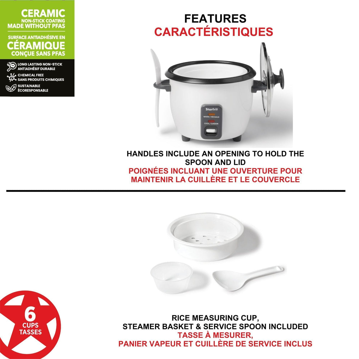 300W 6-Cup White Rice Cooker with Steam Basket