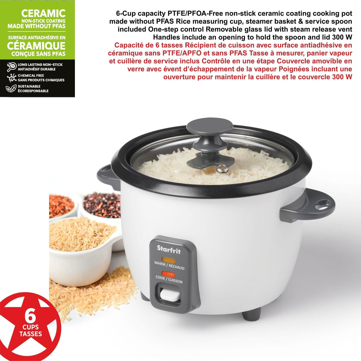 300W 6-Cup White Rice Cooker with Steam Basket