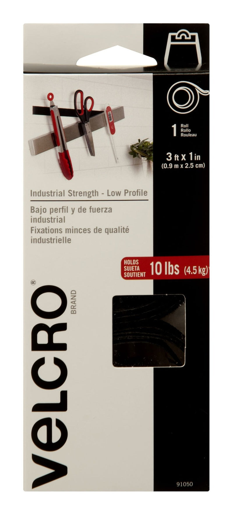 Hook-and-loop Industrial Strength Low Profile Heavy Duty Tape, Black, 10-lbs, 3-ft x 1-in, 1-pk L3942