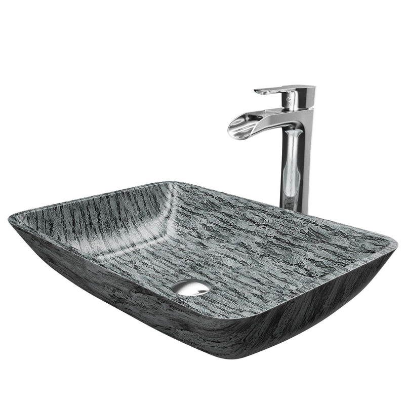 Titanium Glass Slate Grey Bathroom Sink/Basin Set with Niko Faucet and Rectangular Vessel T9615
